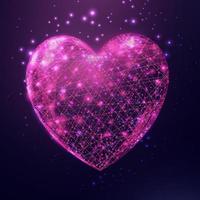 Wireframe pink heart, low poly style. Abstract modern 3d vector illustration on dark blue background.