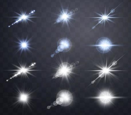 Blue and silver lens flares set. Isolated on transparent background. Vector illustration.