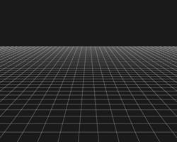 Wireframe perspective grid. White infinity mesh on black background, Abstract retro style. Vector illustration.