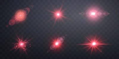 Red lens flares set. Isolated on transparent background. Sun flash with rays spotlight and bokeh. Red glow flare light effect. Vector illustration.