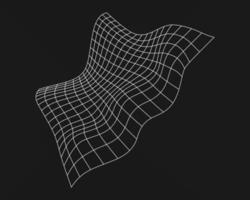 Cyber distorted grid, retro punk design element. Wireframe wave geometry grid on black background. Vector illustration