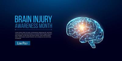 Brain injury awareness month concept with glowing low poly brain. Wireframe low poly style. Abstract modern 3d vector illustration on dark blue background.
