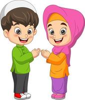 caricatura, feliz, musulmán, niño y niña vector