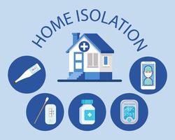 concepto de aislamiento del hogar. icono de prevención covid 19, cinco signos, teléfono inteligente con médico, medicina, control de temperatura, dispositivo de oxímetro de pulso, kit de prueba rápida de antígeno. estilo de vector de dibujos animados para su diseño.