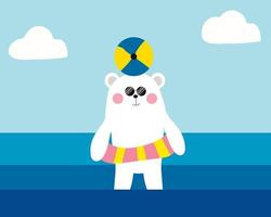 lindo personaje de oso. concepto de temporada de verano, un oso blanco está nadando en el mar con pelota de playa. vector