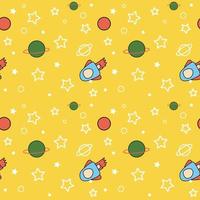 Colorful Flat design. space and planet concept. Cute template with planets, space ship and Stars in space. Seamless pattern background. vector
