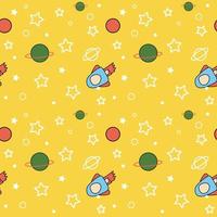 Colorful Flat design. space and planet concept. Cute template with planets, space ship and Stars in space. Seamless pattern background. vector