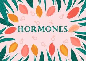 palabra de hormonas sobre un fondo con tulipanes. concepto de salud de la mujer. vector