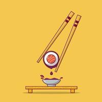 sushi y salsa de soja con ilustración de icono de vector de palillos. vector de comida japonesa. estilo de caricatura plano adecuado para la página de inicio web, pancarta, volante, pegatina, papel tapiz, fondo