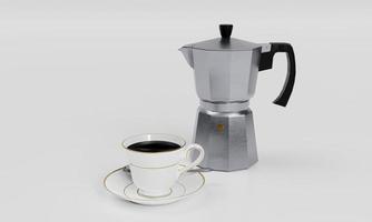 Black coffee in white pearl ceramic mug with gold rim. Mokapot coffee pot on white floor and background. 3d Rendering photo