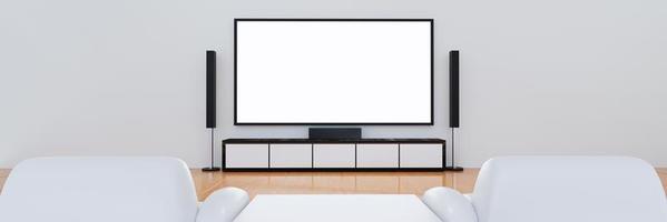 Home Theater on white plaster wall. Big wall screen TV and  Audio equipment use for Mini Home Theater. white sofa and table on wooden floor. 3D Rendering. photo