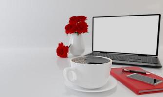 Cup of black coffee  , Red book and smartphone on white background and wallpaper.  Blur  Black laptop computer and red roses in white vase.  Copy space and concept for Valentine day and Financial photo