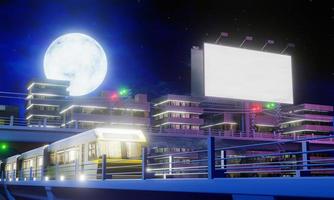 Picture of the city at night, there are train tracks to transport in the city. White blank billboard. Full moon night,  3d rendering photo