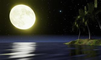The blue full moon is reflected in the sea. A wave of water from the ocean to island. The sky has many stars. Ripples on the sea at night. 3D Rendering photo