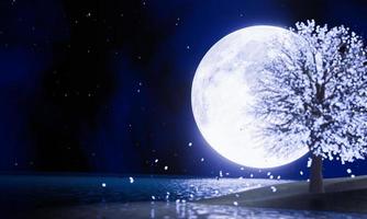 luna azul llena en el cielo nocturno hay estrellas en el cielo. super luna en medio del mar con reflejos en la superficie del agua. árboles de fantasía borrosas hojas brillantes están cayendo. representación 3d foto