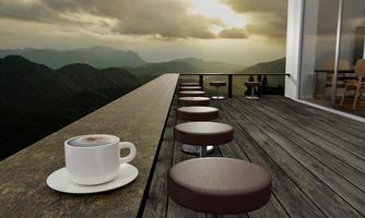 un restaurante o cafetería tiene un paisaje montañoso y algo de niebla matutina. la luz del sol en la cima de la colina. suelos de tablones de balcón o terraza y mesas largas de madera y madera. representación 3d foto