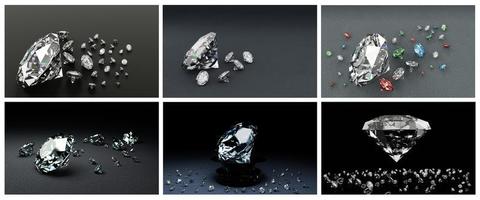 3D Rendering  set of many size diamonds on dark gray  surface photo