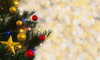 Decorative pine trees for Christmas season, decorative balls and flashing lights, New Year's and Christmas celebrations. Glittering gold light background bokeh Joy. 3D Rendering. photo