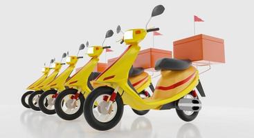 motocicleta modelo amarilla con caja naranja y fragmento rojo para la entrega de alimentos conceptuales. aislado sobre fondo blanco y papel tapiz. representación 3d foto