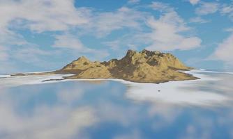 isla desierta y rocas decorativas. hermosas rocas geológicas de la isla y playa. isla en el océano con cielo azul y nubes blancas. representación 3d