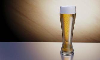 Glass beer on wood background  and reflextion with copyspace photo