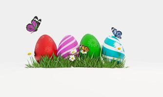 Colorful Easter eggs on  green grass with white background and  many multi color butterfly. 3D rendering. photo