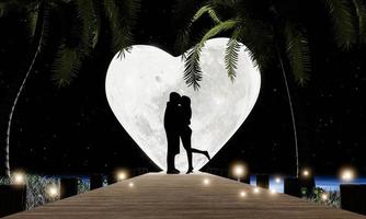 pareja silueta amor abrazos y besos románticos en un puente de madera que se adentra en el mar. super luna llena en el mar y la playa es un puente de madera que atraviesa cocoteros en la isla. representación 3d foto