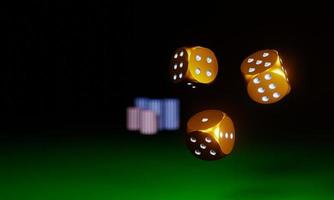 Circle shape golden dice are falling on the green felt table. The concept of dice gambling in casinos. 3D Rendering photo