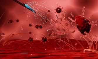 Vaccine model to eradicate coronavirus. Vaccine to prevent and destroy covid-19 virus. To eliminate the virus in the cell. The virus is destroyed. Breaking out with medical treatment. 3D Rendering photo