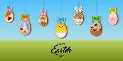 Easter background with gingerbread cookies. easter poster with egg shaped gingerbreads with colorful bows vector