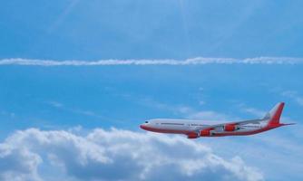 avión de pasajeros rayas rojas blancas volando en el cielo en un día azul brillante, nubes blancas durante el día. para ver, vea la parte superior de la máquina y el ala superior. representación 3d foto