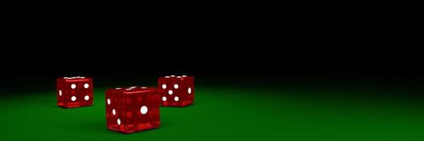 dados rojos transparentes caen sobre la mesa de fieltro verde. el concepto de juego de dados en los casinos. representación 3d foto