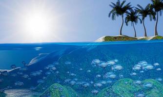 A group of fish underwater. An island in the middle of the sea with coconut trees. A group of fish in the middle of the sea with mossy rocks The sky is sunny during the day. 3D Rendering