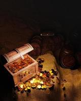 Golden Coins and vintage treasure chest made of wooden panels Reinforced with gold metal and gold pins Treasure boxes placed on the sand in a cave or treasure chest underwater. 3d Rendering