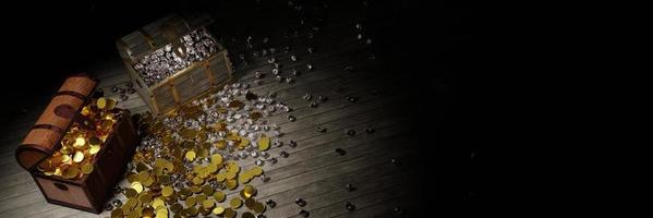 The treasure chest opened with many gold coins and diamonds scattered on the plank floor. The ancient wooden trunk rusted on the metal. 3D Rendering photo