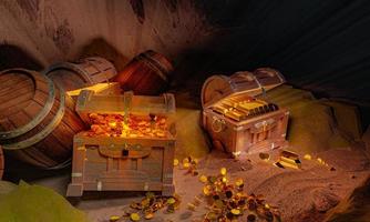 Golden Coins and vintage treasure chest made of wooden panels Reinforced with gold metal and gold pins Treasure boxes placed on the sand in a cave. The treasure is hidden by pirates. 3d Rendering photo