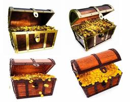 Set of Numerous gold coins spilled out from the treasure chest. Old-style wooden treasure chest tightly assembled with rusted metal strips. 3D Rendering photo