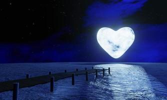 luna llena, la forma del corazón en la noche estaba llena de estrellas y una niebla tenue. un puente de madera se adentraba en el mar. imagen de fantasía en la noche, superluna, ola de agua de mar. representación 3d foto