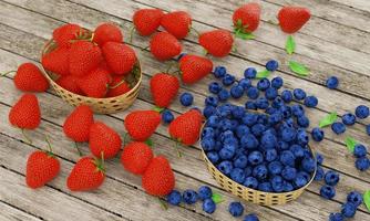 Fresh strawberries and blueberries in bamboo basket. Berries placed on wooden table surface. Berry-type fruit. Fresh berries in basket for eating fresh or making snacks and beverages. 3D Rendering. photo