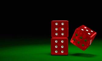Transparent red dice are falling on the green felt table. The concept of dice gambling in casinos. 3D Rendering photo