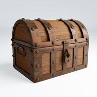 Old and broken vintage pirate treasure chest. Rotten and broken. For storing valuables Made of cracked wood And rusted metal texture  on white background and wallpaper.3D Rendering. photo