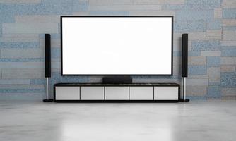 Home Theater on brick mable pattern wallpaper. Big wall screen TV and  Audio equipment use for Mini Home Theater. Room white mable floor. 3D Rendering. photo