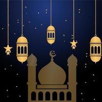 Islamic ramadan kareem banner background with crescent pattern moon star mosque lantern. vector