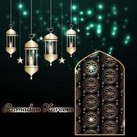 Islamic Ramadan Kareem banner background with crescent pattern moon star mosque lantern. vector