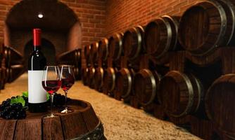 botella de vino tinto y vidrio transparente con vino tinto colocado en un tanque de madera con muchos tanques de fermentación de vino en la bodega colocados cerca de la pared de ladrillo rojo. representación 3d foto