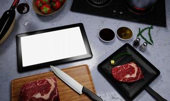 Learn to cook online. How to cook food and recipes from the internet. Meat for cooking steak on the pan. There is butter and pepper. Computer or tablet for studying online in the kitchen. 3D Rendering photo