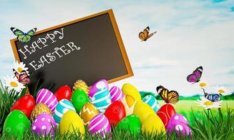 Colorful Easter eggs on  green grass with white cloud blue sky many multi color butterfly. Blurred natural background photo