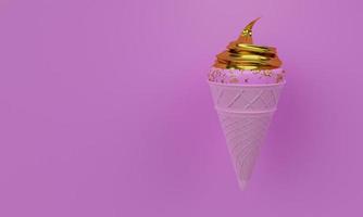 Pink ice cream cone. Crispy waffles and pink ice cream texture. Golden ice cream filling covered with golden sugar sprinkle dots. Ice cream on a pink background. 3D Rendering