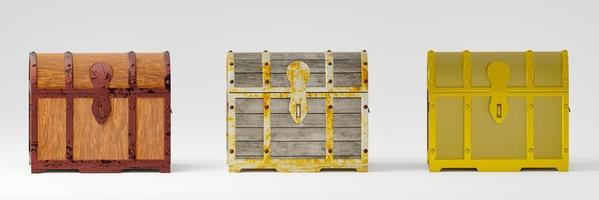 Treasure chest or antique treasure box, 3 patterns, wood pattern, Plank pattern, rust-proof metal, and clean golden pattern. White background and wallpaper. 3D Rendering