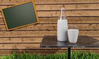 leche fresca en vidrio transparente y botellas en la mesa de mármol. el fondo era una pared de tablones de madera con una pizarra para la nota en el texto. hierba verde fresca en el suelo. representación 3d foto